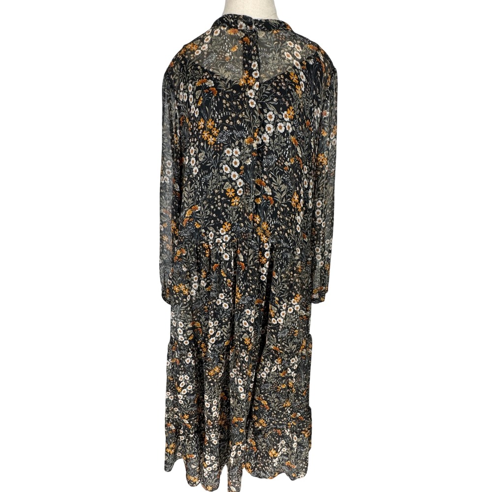 HM Dark Floral Chiffon Tiered Maxi Dress Sheer Boho 12‎ Delicate Fairy Grunge